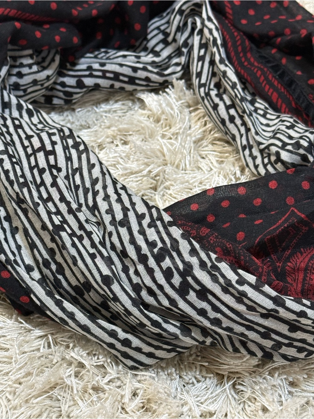 BP Boho Mixed Print Lightweight Scarf Wrap Shawl Black Red Ivory - Picture 2 of 15